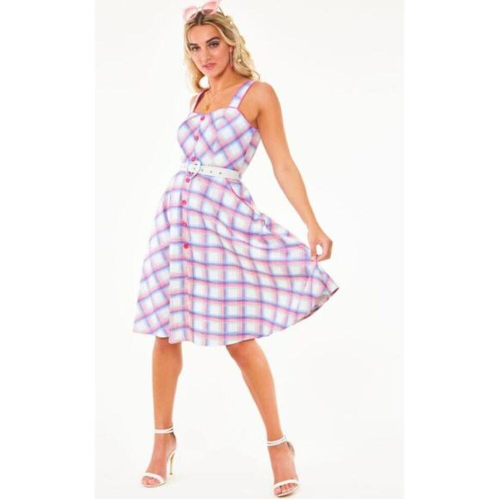 Voodoo Vixen Vita Rainbow White Tartan Summer Fit & Flare Retro Dress XL US 10